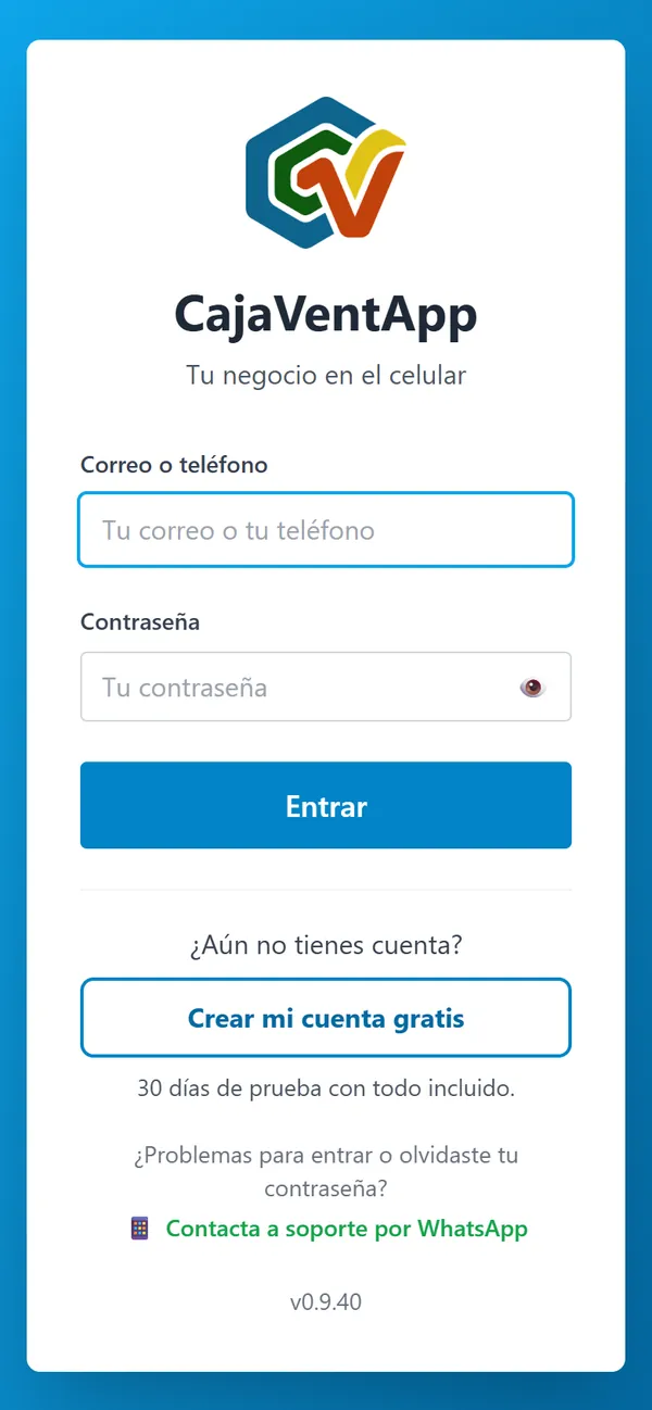 Pantalla para entrar de la app: correo o teléfono, contraseña, botón Entrar y Crear mi cuenta gratis