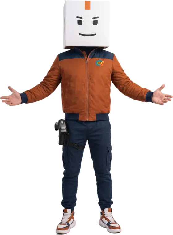 El personaje de CajaVentApp, con cabeza de caja, con los brazos abiertos
