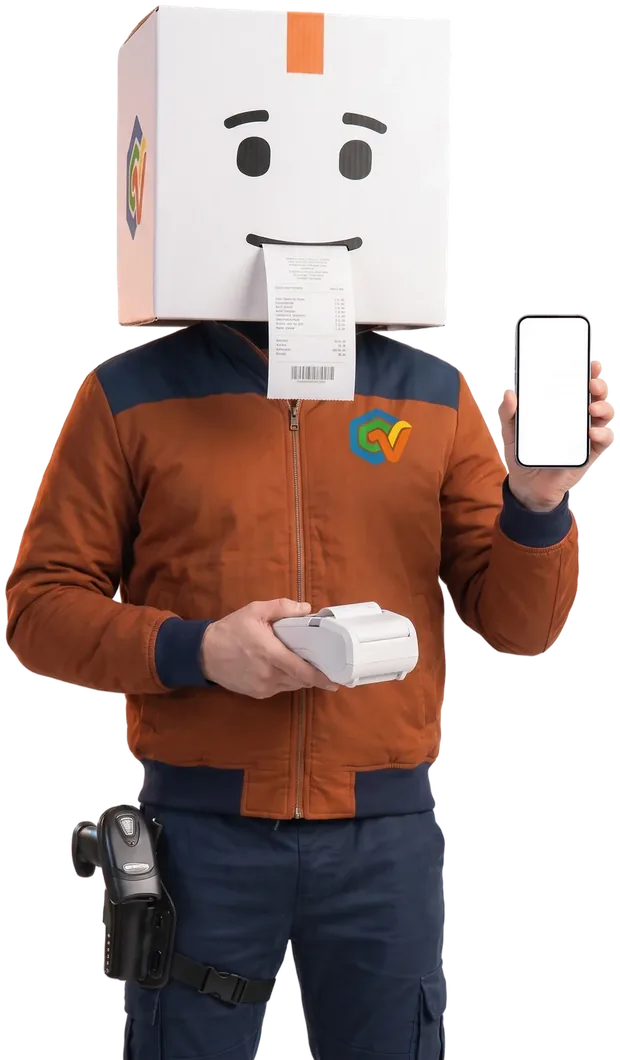 El personaje de CajaVentApp, con cabeza de caja, enseñando su celular