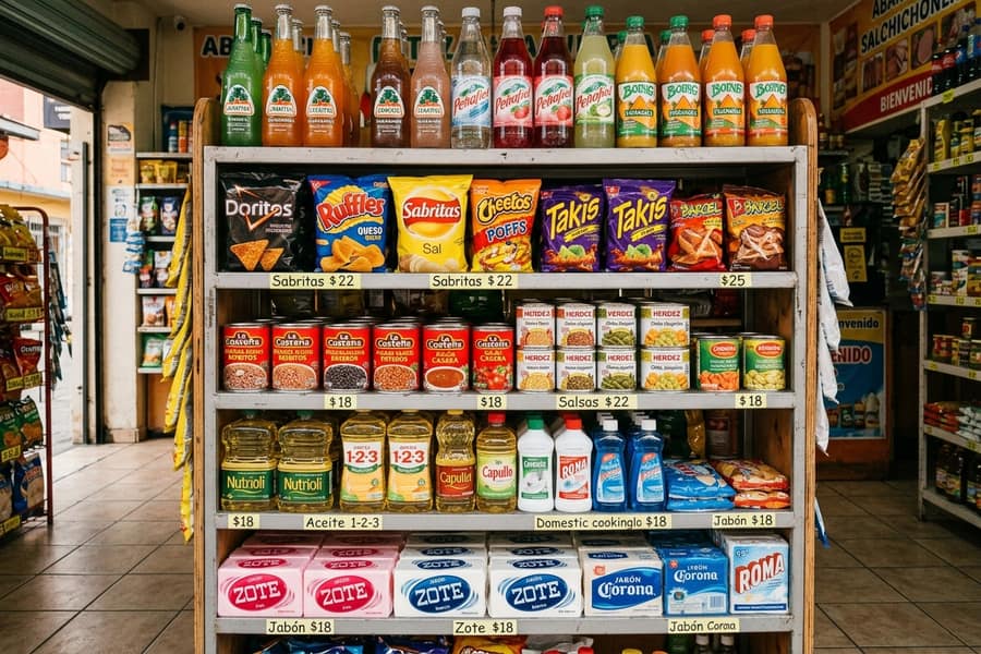 Anaquel de una tienda de abarrotes con refrescos, botanas, aceite y jabón