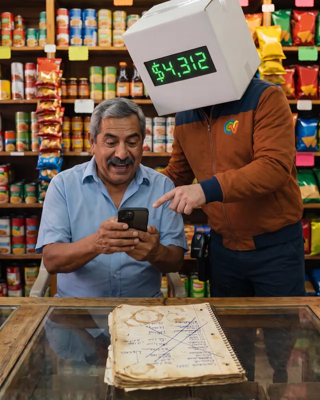 Un dueño de tienda mira feliz en su celular cuánto vendió, junto al héroe que muestra el total en su cara