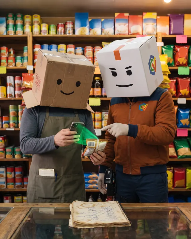 El héroe CajaVentApp le enseña a El Cajas a escanear un producto con su celular en la tienda