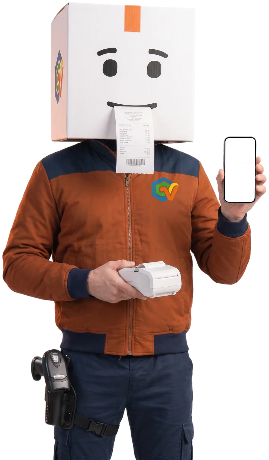CajaVentApp, el personaje con cabeza de caja blanca y chamarra naranja, sostiene un celular y una impresora de tickets mientras le sale un ticket por la sonrisa